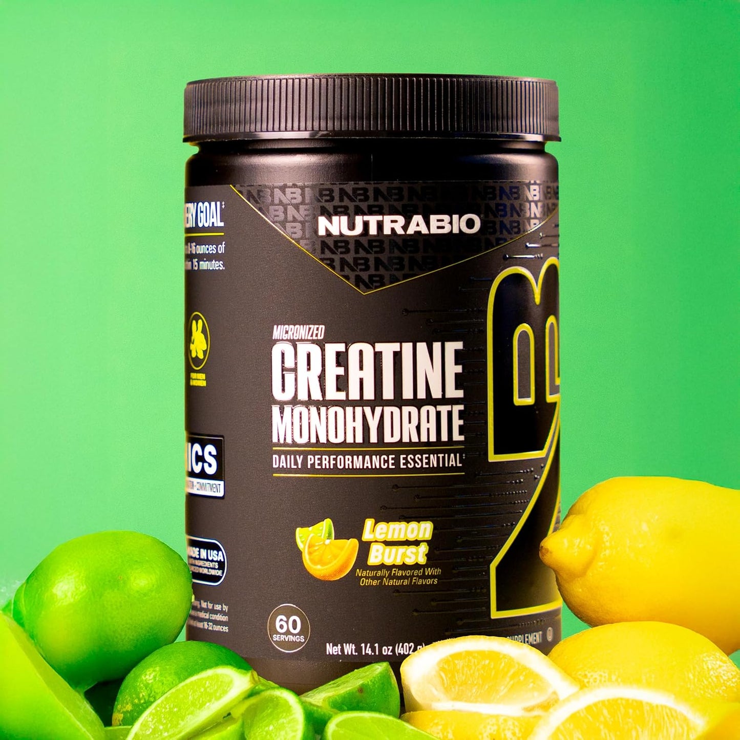 NutraBio Pure Micronized Creatine Monohydrate Powder Supplement, Lemon Burst, (402g)