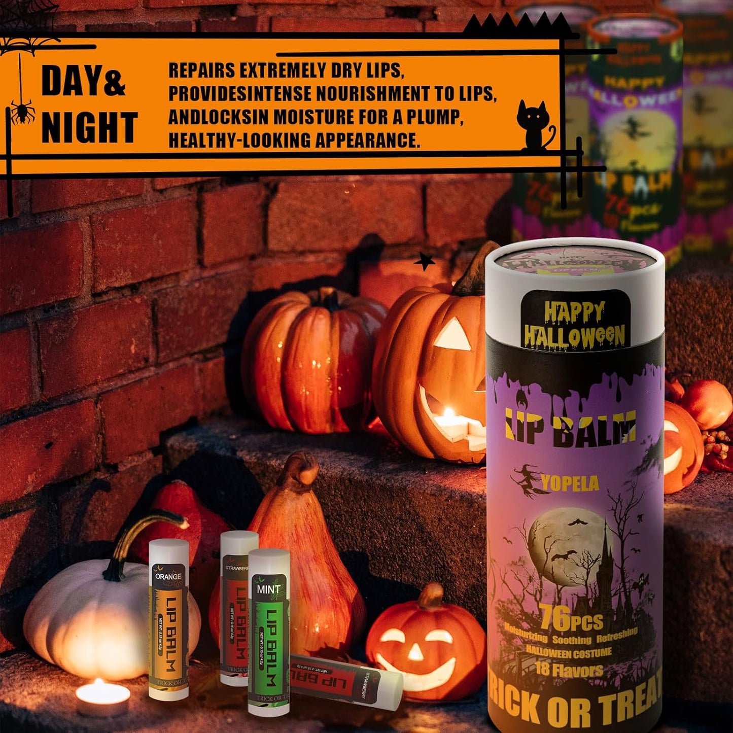 Yopela 76 Pack Halloween Lip Balm in Bulk with Vitamin E and Coconut Oil Lip Care Product - Moisturizing, Soothing, and Repairing Dry and Chapped Lips with 19 Flavors and Party Gift Card