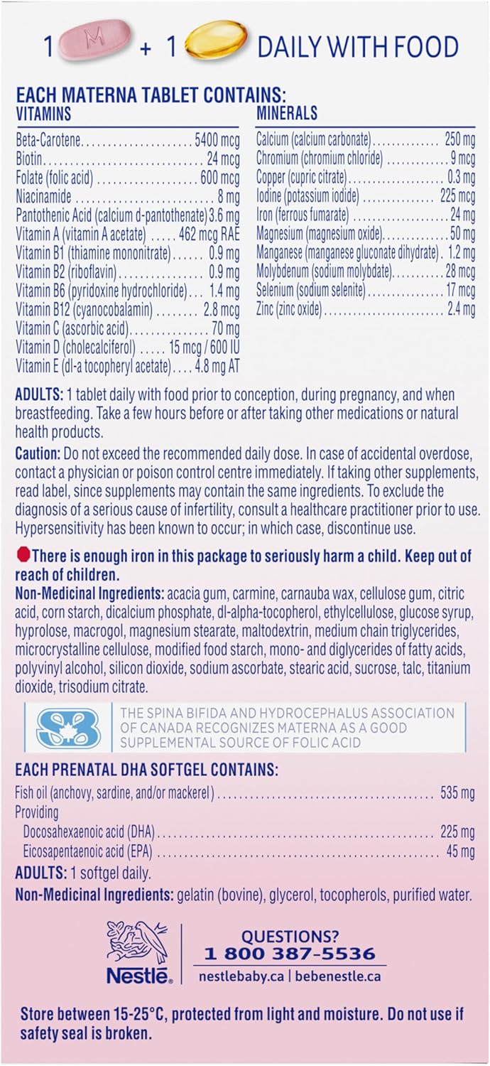MATERNA 产前复合维生素(含 DHA)组合装,片剂和软胶囊,100% 叶酸每日建议摄入量,127 克