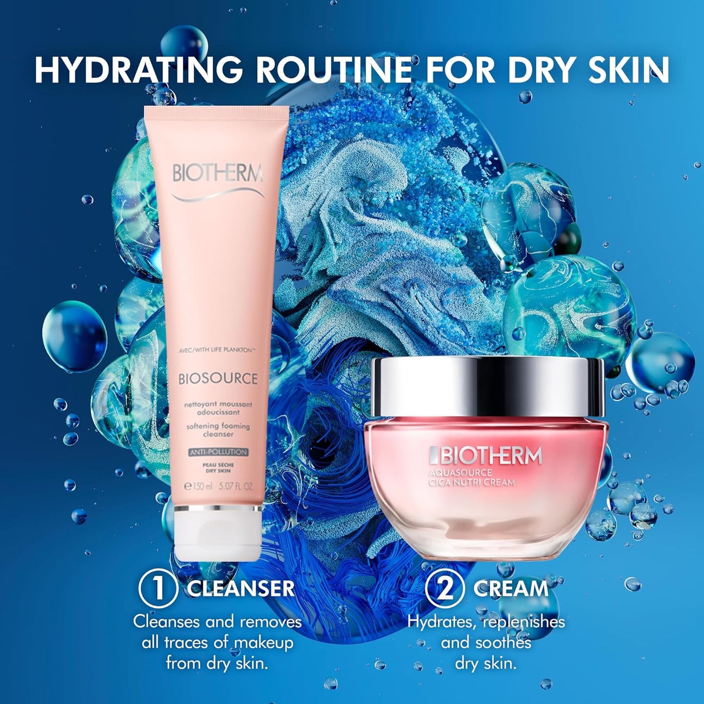 碧欧泉干性皮肤套装,含积雪草和水杨酸,包括 Biosource 柔肤泡沫洁面乳和 Aquasource 面霜,为干性皮肤保湿