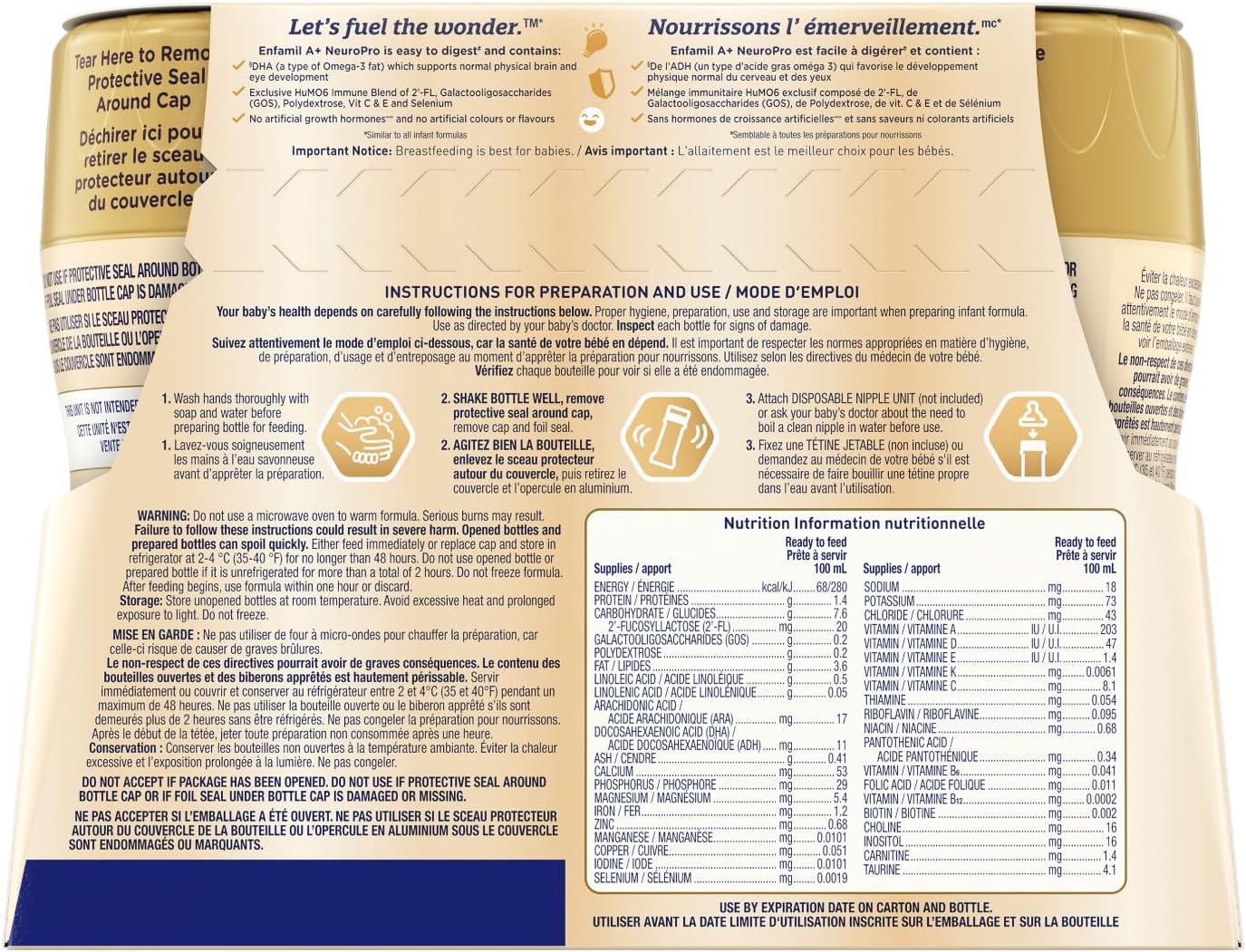 Enfamil A+ NeuroPro 嬰兒配方奶粉,即食,奶嘴瓶裝,含促進大腦發育的 DHA 和 2'FL 免疫支持,0-12 個月,6 x 237 毫升