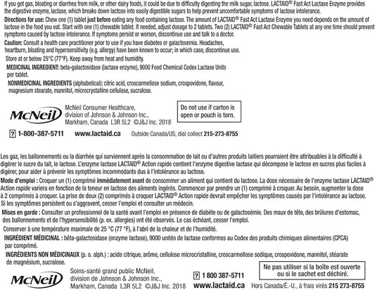 Lactaid Fast Act Ultra Strength Lactase Enzyme, Vanilla Twist Flavour, 40 Chewable Tablets