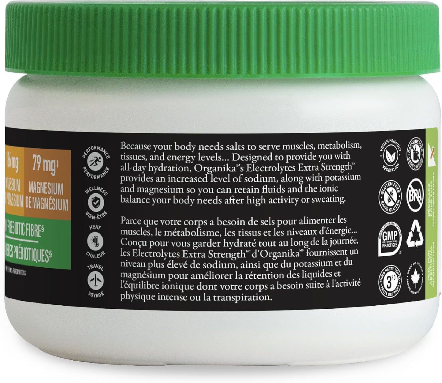 Organika Canadian-Made Electrolytes Extra-Strength Powder - Lemon Lime - High in Sodium for Sport Recovery - Saltier Taste, Sugar-Free Hydration and Electrolyte Replenishment - 180g, 30 servings