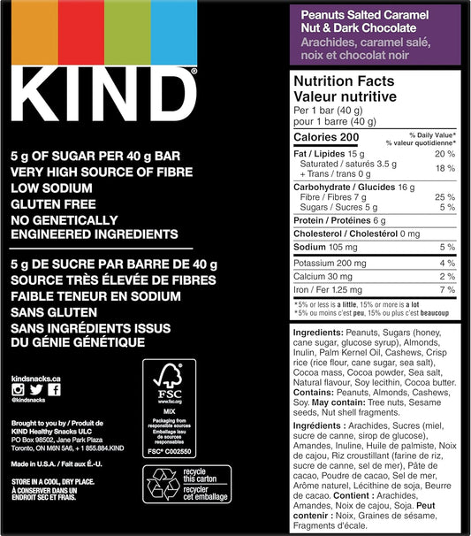 KIND Bars, Peanuts Salted Caramel Nut & Dark Chocolate, Gluten Free, Low Sugar, 40 Grams, 12 Count