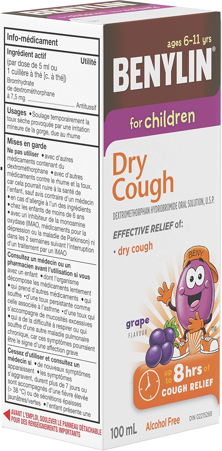 BENYLIN Children's Dry Cough Syrup, Relieves Dry Cough, 100mL, Grape Flavour, Alcohol Free, For ages 6-11yrs