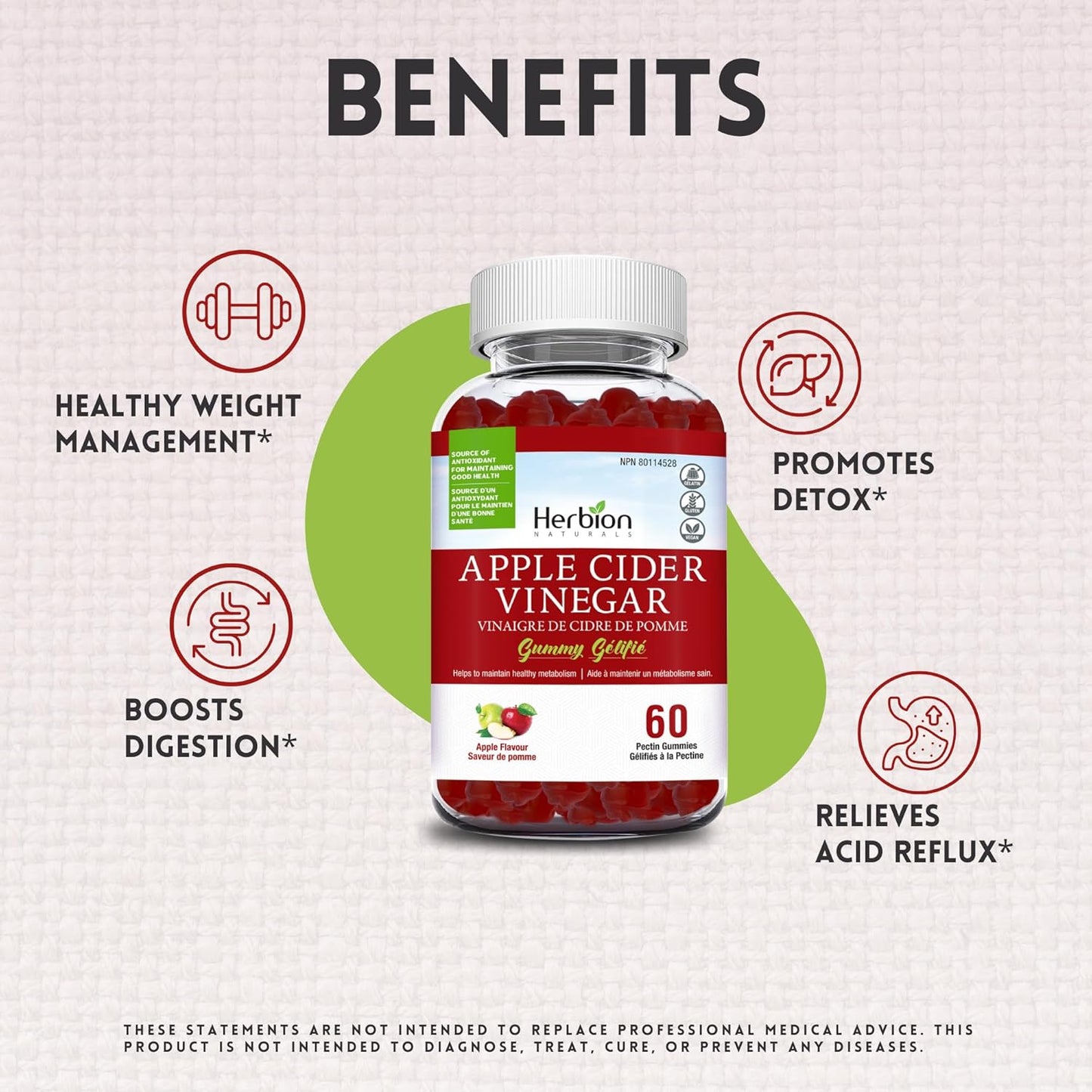 Herbion Naturals 苹果醋软糖,含叶酸、石榴、甜菜根和维生素 B12,是维持身体健康和新陈代谢的抗氧化剂来源,成人适用,60 粒果胶软糖,苹果味