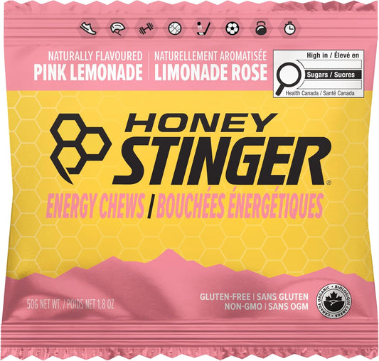 Honey Stinger Organic Pink Lemonade Energy Chew | Gluten Free & Caffeine Free | For Exercise, Running and Performance | Sports Nutrition for Home & Gym, Pre and Mid Workout | 12 Pack, 50g