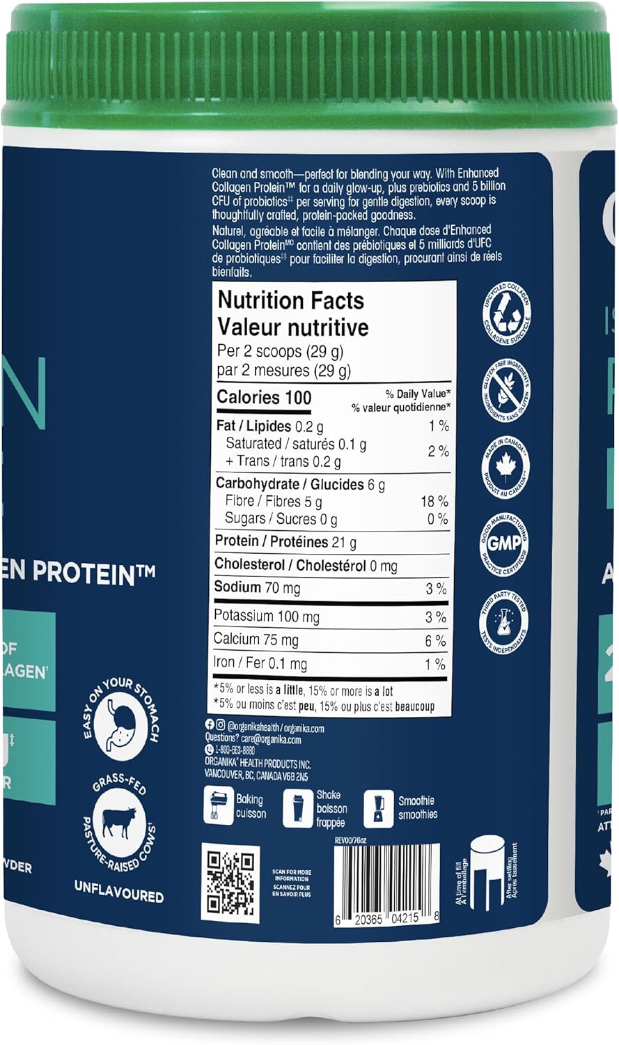 Organika 乳清分离蛋白粉,添加胶原蛋白肽和益生菌,易于消化 - 21 克蛋白质,5 克纤维 - 有助于增强力量和瘦肌肉 + 帮助恢复 - 无味 - 580 克