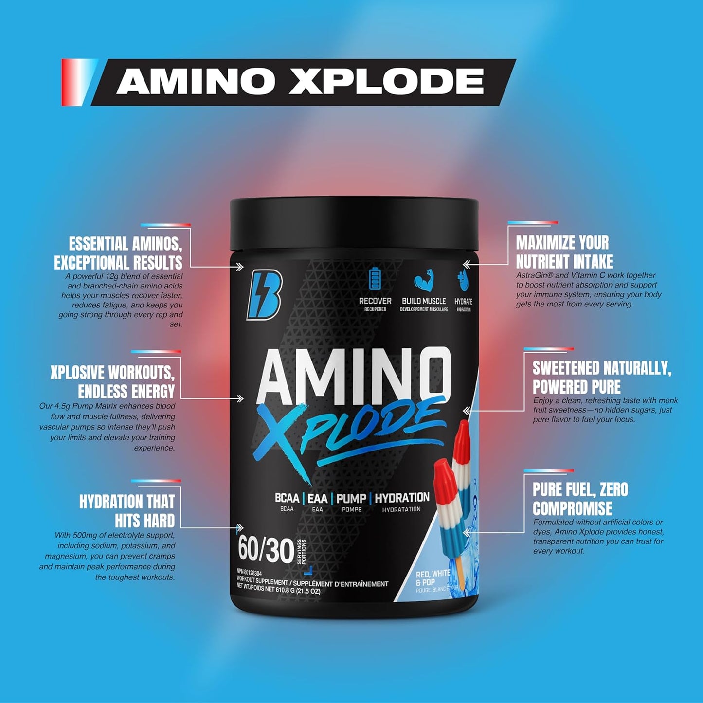 BULL Nutrition Amino Xplode – 12克 EAA/BCAA + 4.5克 Pump 和 500毫克電解質水合混合物 – 加拿大製造 – 60/30 份 – 火箭汽水口味(紅、白和汽水)