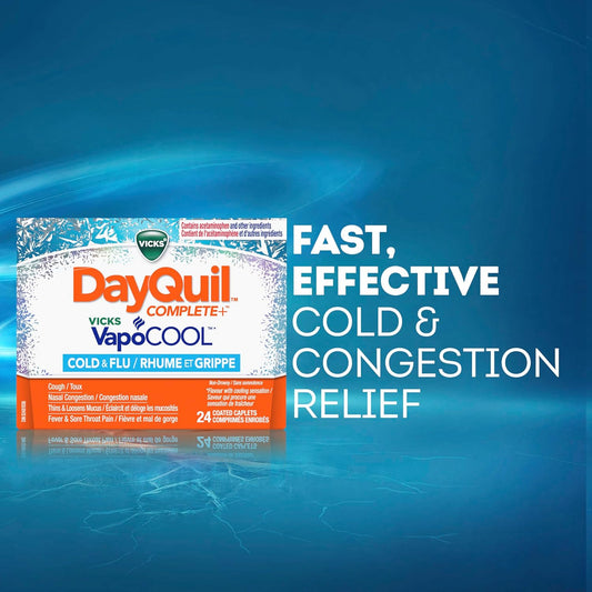 Vicks DayQuil COMPLETE Vicks VapoCOOL 感冒和流感药,不引起困倦,白天缓解多种症状,用于止咳、缓解鼻塞,24 粒胶囊