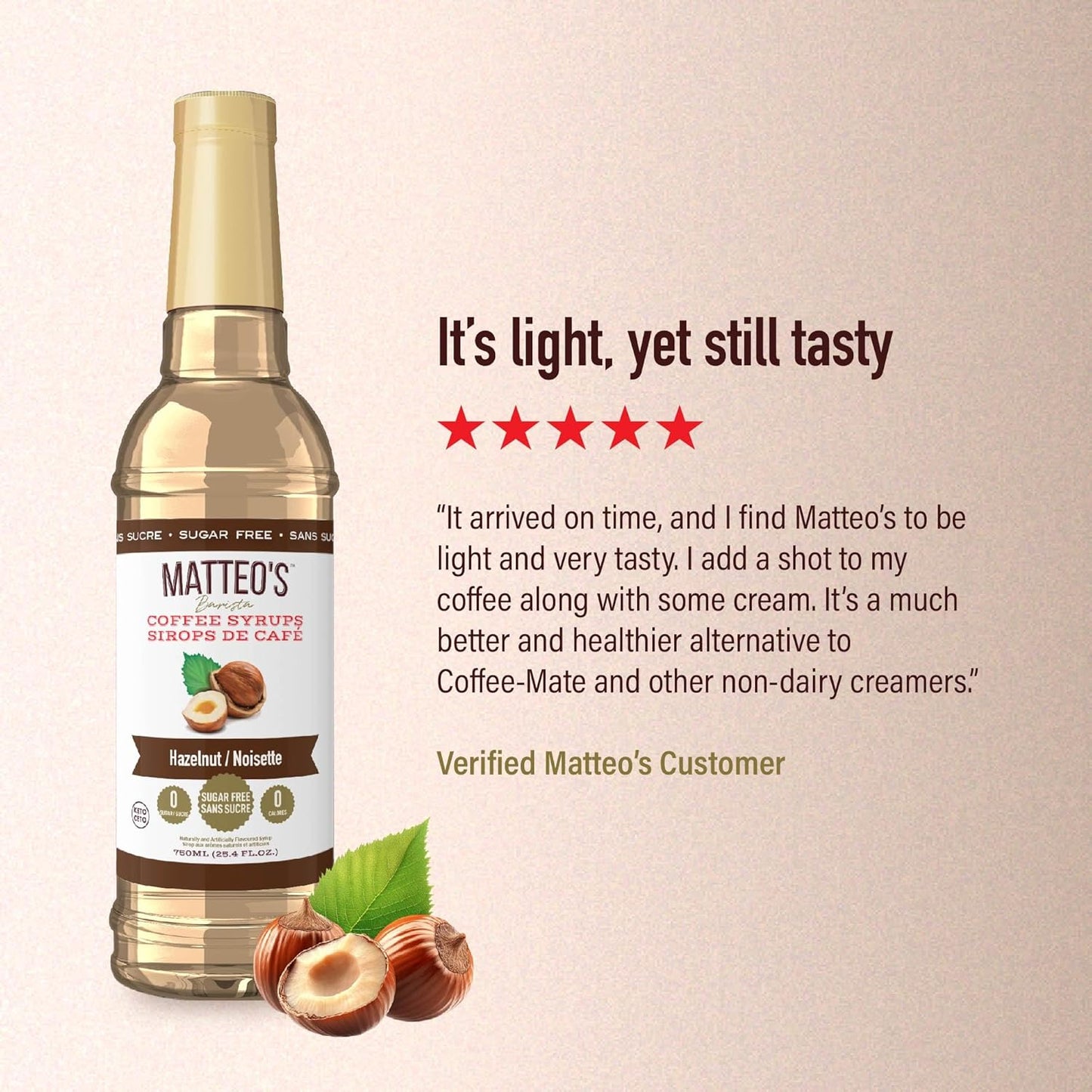 Matteo's Barista 风格无糖咖啡糖浆 - 零卡路里生酮友好型咖啡糖浆和调味料 - 美国制造犹太洁食无糖咖啡调味糖浆,适合家庭和工作(榛子味,25.4 盎司,1 包)