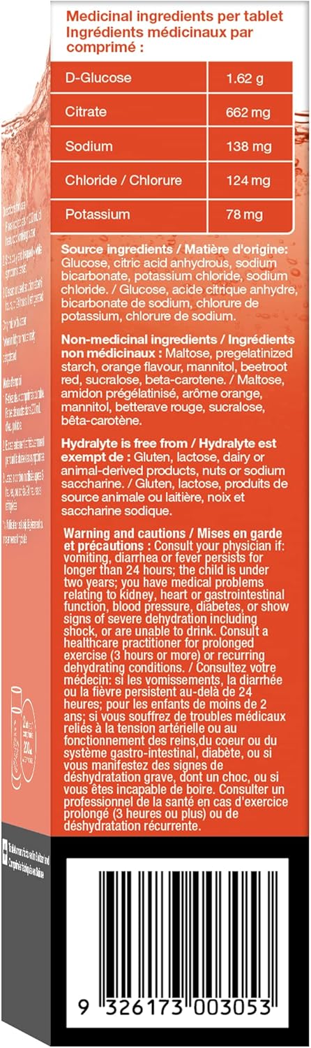 Hydralyte 电解质片 | 血橙味电解质 | 锻炼前和锻炼后补水解决方案,可提高性能并最大程度地恢复 | (每份 2 片,40 片)