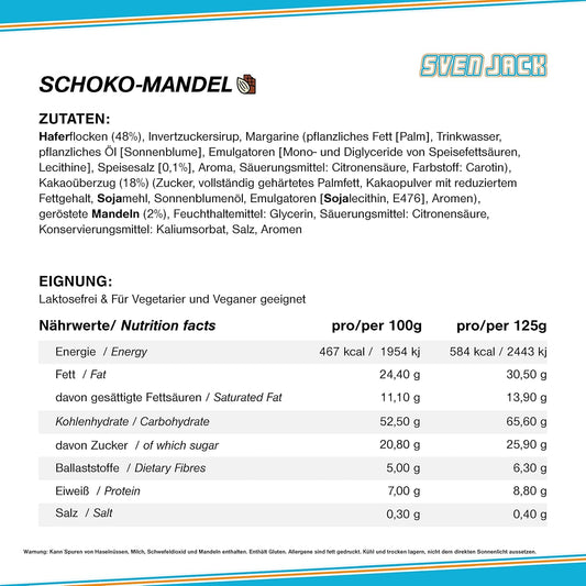 SvenJack Vegan Oat Bar Chocolate Almond - 24 × 125g - High‑Fibre, Low‑Sugar, Gluten‑Free Oatmeal Energy Snack with Almonds & Dark Chocolate Coating