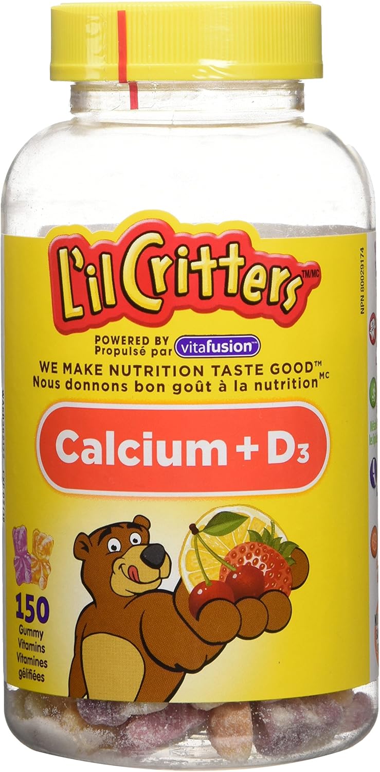 L'il Critters 鈣 + D 兒童維生素軟糖,促進健康發育,天然色素和 3 種美味口味,150 粒(2.5 個月用量)