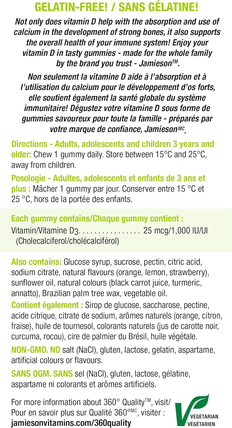 Jamieson 维生素 D3 1,000 IU 软糖,橙子、柠檬和草莓口味,支持免疫健康,强健骨骼和牙齿。素食,非转基因,无麸质,无人工香料或色素,130 粒,加拿大制造