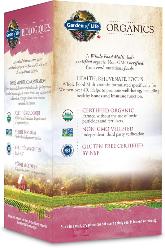 Garden of Life Organics 女士複合維生素 40+,60 片裝 | 40+ 歲女性複合維生素 | 支持免疫功能、膠原蛋白形成以及健康的骨骼、頭髮、指甲和皮膚 | 非基因改造、無麩質、純素