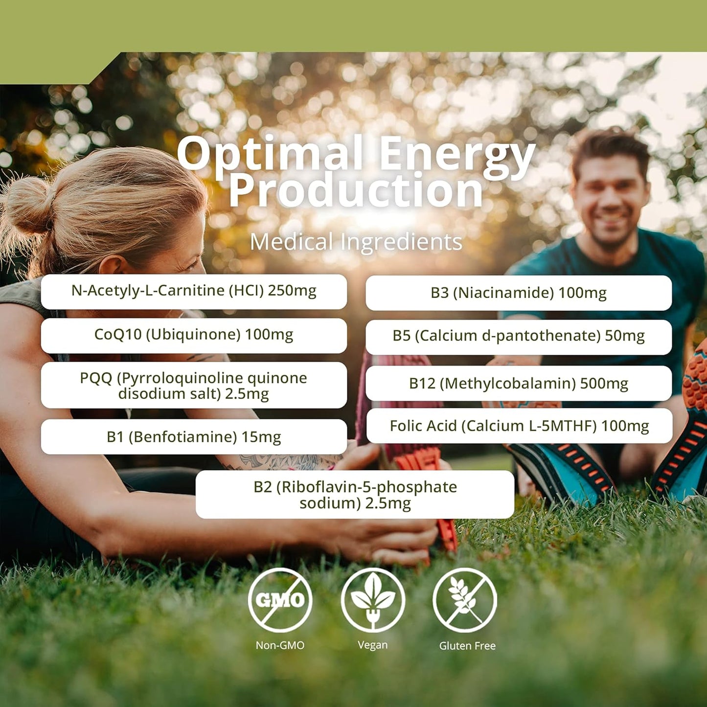 TRUE PROTOCOLS - 粒線體平衡 - 左旋肉鹼 (250 毫克) + 輔酶 Q10 (100 毫克) + PQQ (2.5 毫克) + 維生素 B1、B2、B3、B5、B12 + 葉酸 - 90 粒非瀉藥和高吸收素食膠囊 - 恢復粒線體功能 + ...