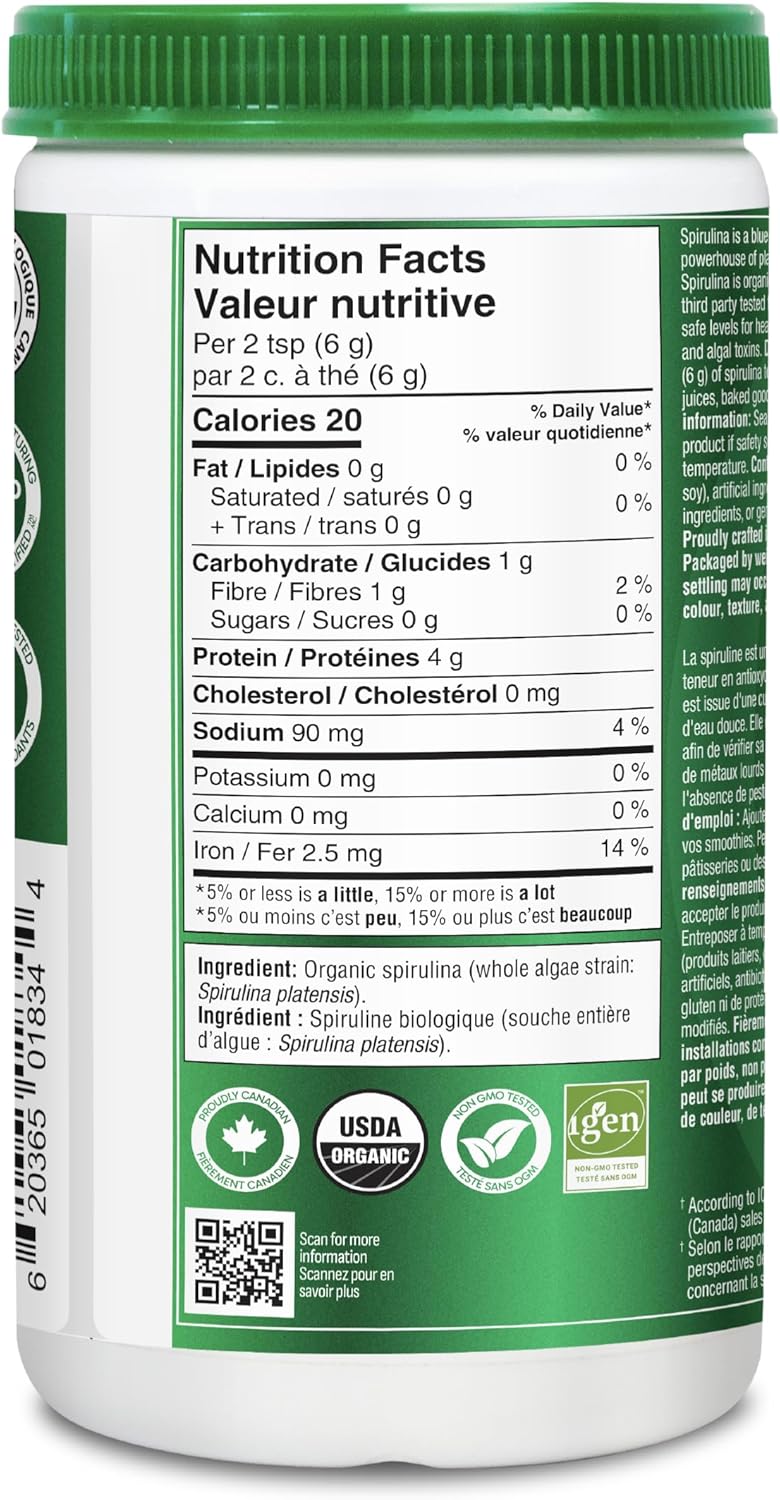 Organika Canadian-Made Certified Organic Spirulina Powder- Superfood, 3rd Party Tested, Pristine Sourcing, Vegan- 500g