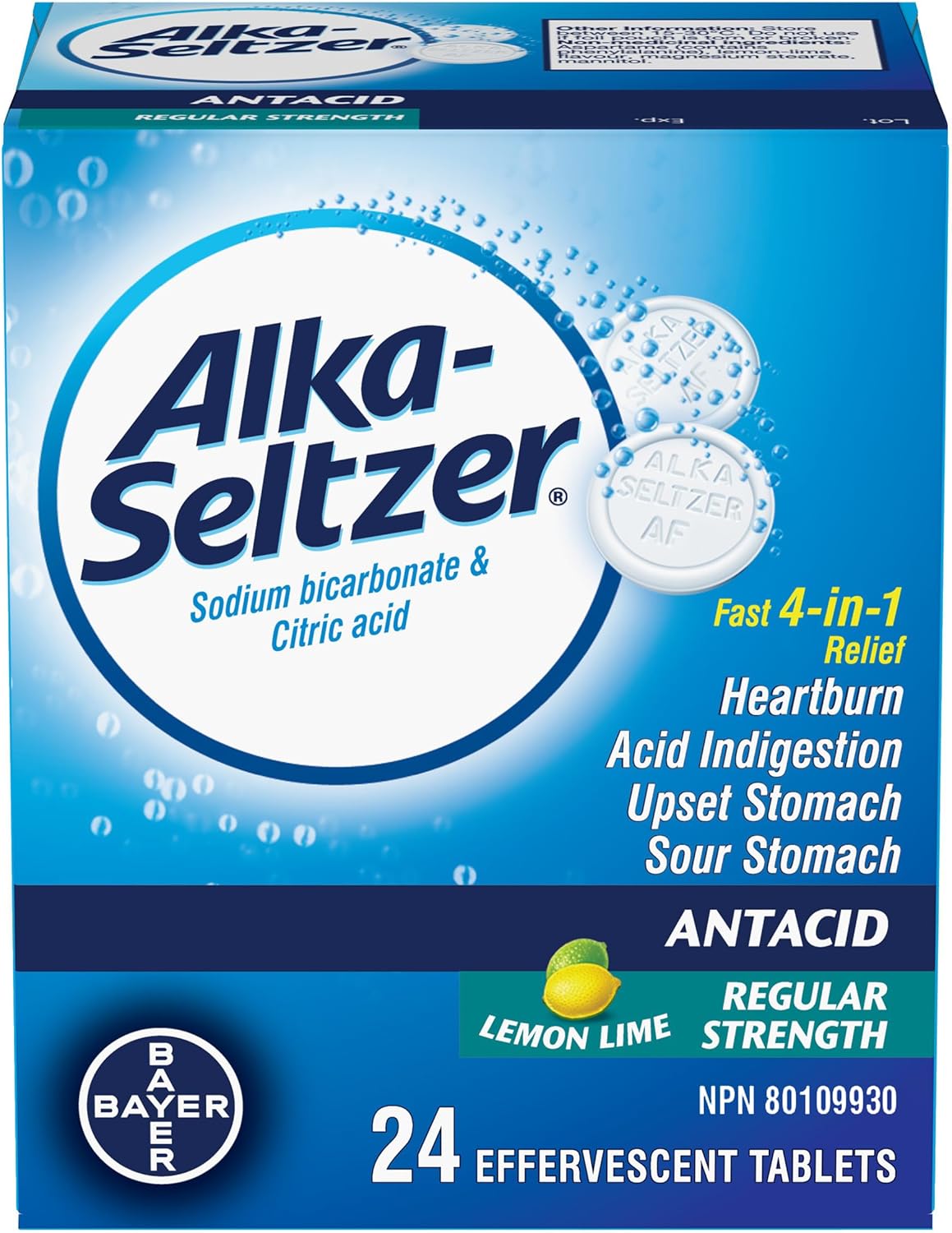 Alka-Seltzer 抗酸剂胃灼热缓解泡腾片 - 抗酸剂,缓解胃灼热、胃酸、胃部不适,碳酸氢钠和柠檬酸,柠檬青柠味,24 片泡腾片