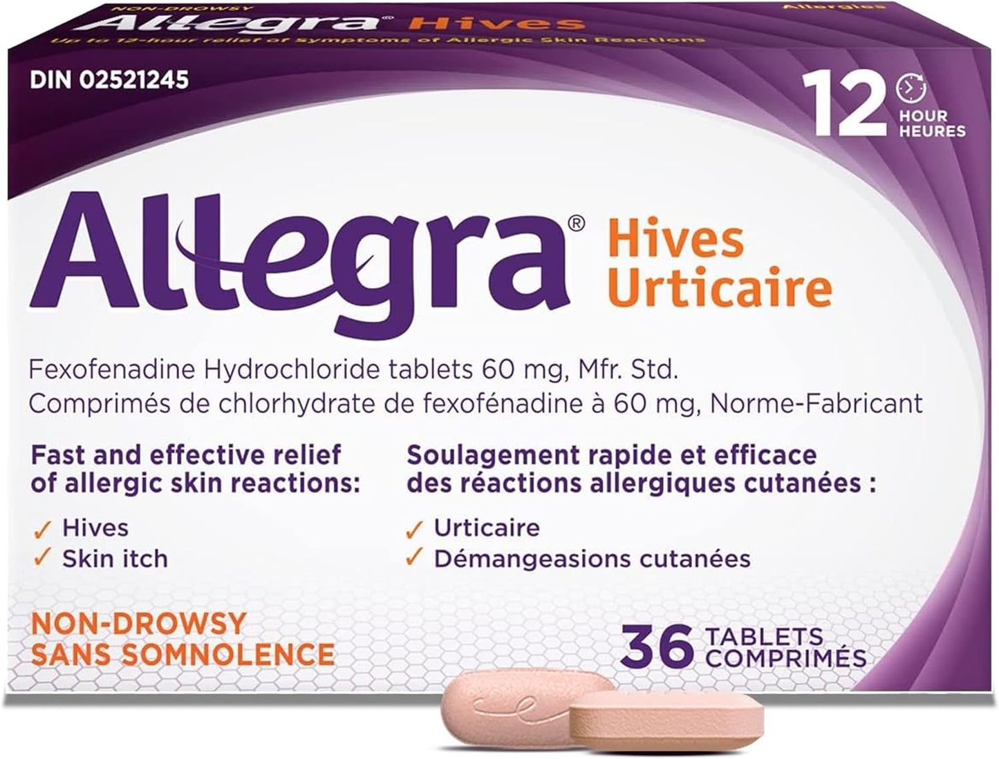 Allegra Hives,12 小时缓解荨麻疹引起的皮肤瘙痒、过敏性皮肤反应、不引起嗜睡的过敏药物,60 毫克盐酸非索非那定抗组胺药,成人和儿童(12 岁及以上),36 片