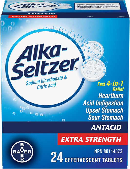 Alka-Seltzer 抗酸剂胃灼热缓解泡腾片 - 强效片剂,用于缓解胃灼热、胃酸、胃部不适,含碳酸氢钠和柠檬酸,24 片泡腾片