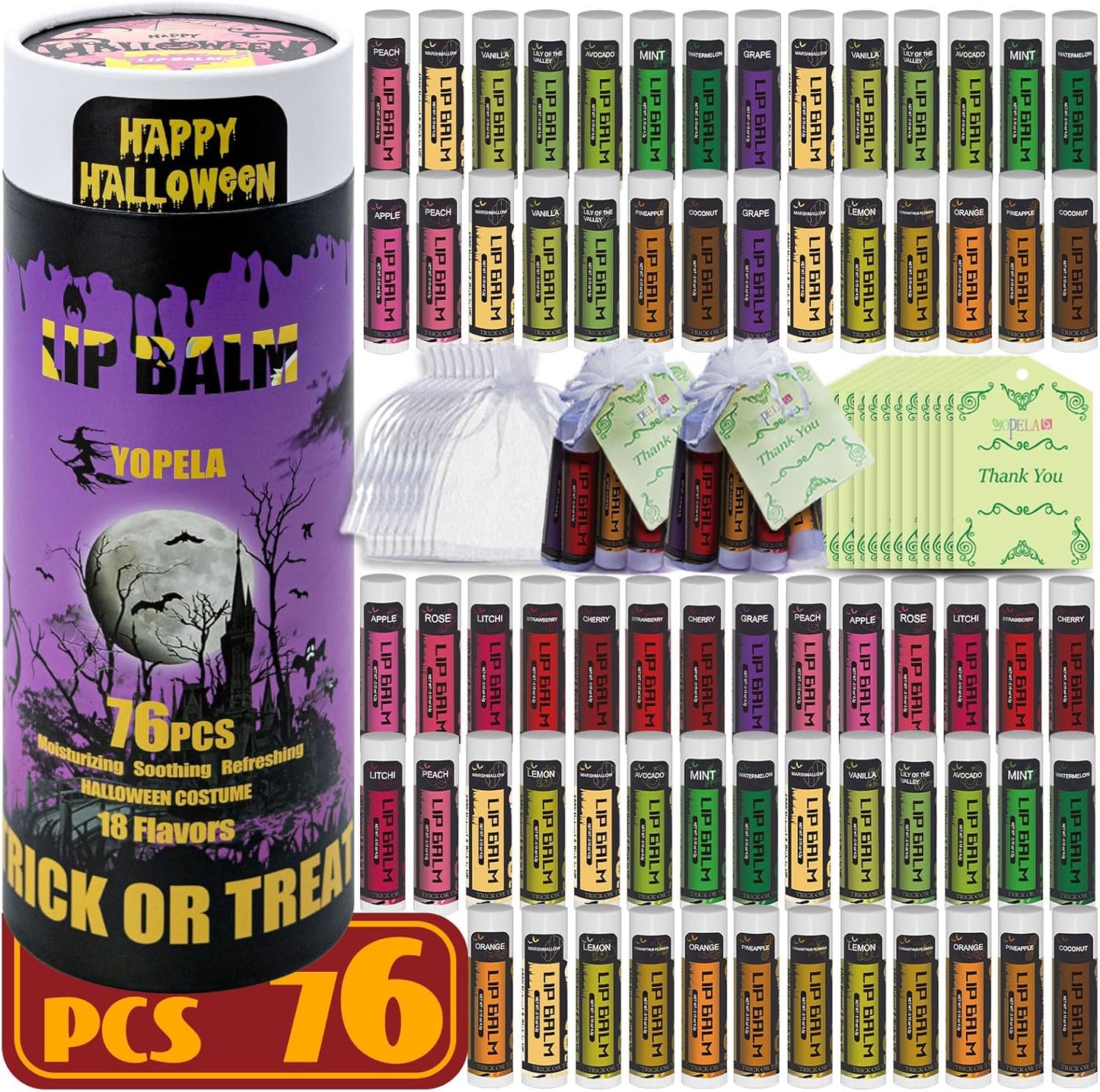 Yopela 76 Pack Halloween Lip Balm in Bulk with Vitamin E and Coconut Oil Lip Care Product - Moisturizing, Soothing, and Repairing Dry and Chapped Lips with 19 Flavors and Party Gift Card
