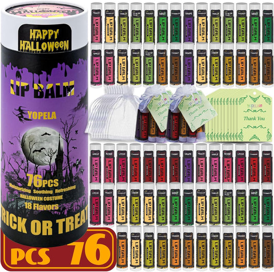 Yopela 76 支装万圣节润唇膏,含维生素 E 和椰子油,唇部护理产品 - 保湿、舒缓和修复干燥和皲裂的嘴唇,19 种口味和派对礼品卡