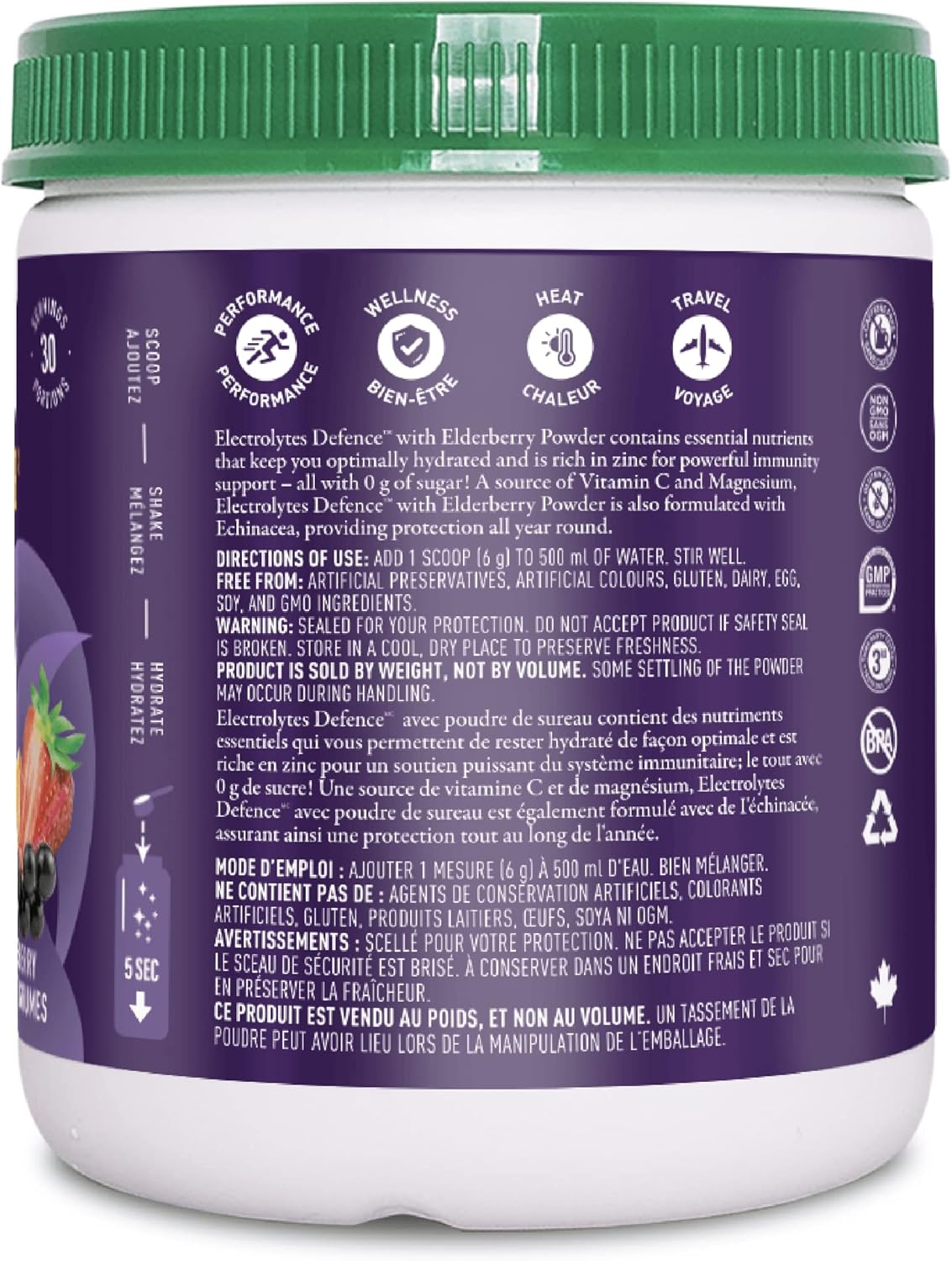 Organika 加拿大制造电解质防御剂,含接骨木莓和紫锥菊 - 柑橘浆果 - 免疫系统支持,无糖补水和电解质补充 - 180 克