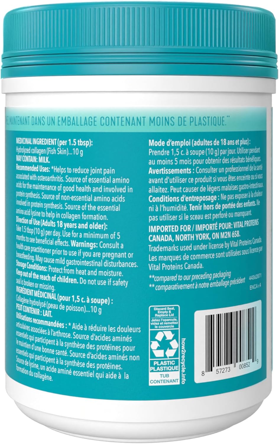 VITAL PROTEINS 海洋胶原蛋白肽粉,有助于形成胶原蛋白并减轻与骨关节炎相关的关节疼痛,氨基酸来源,不添加糖,不含人工色素或香料,221 克