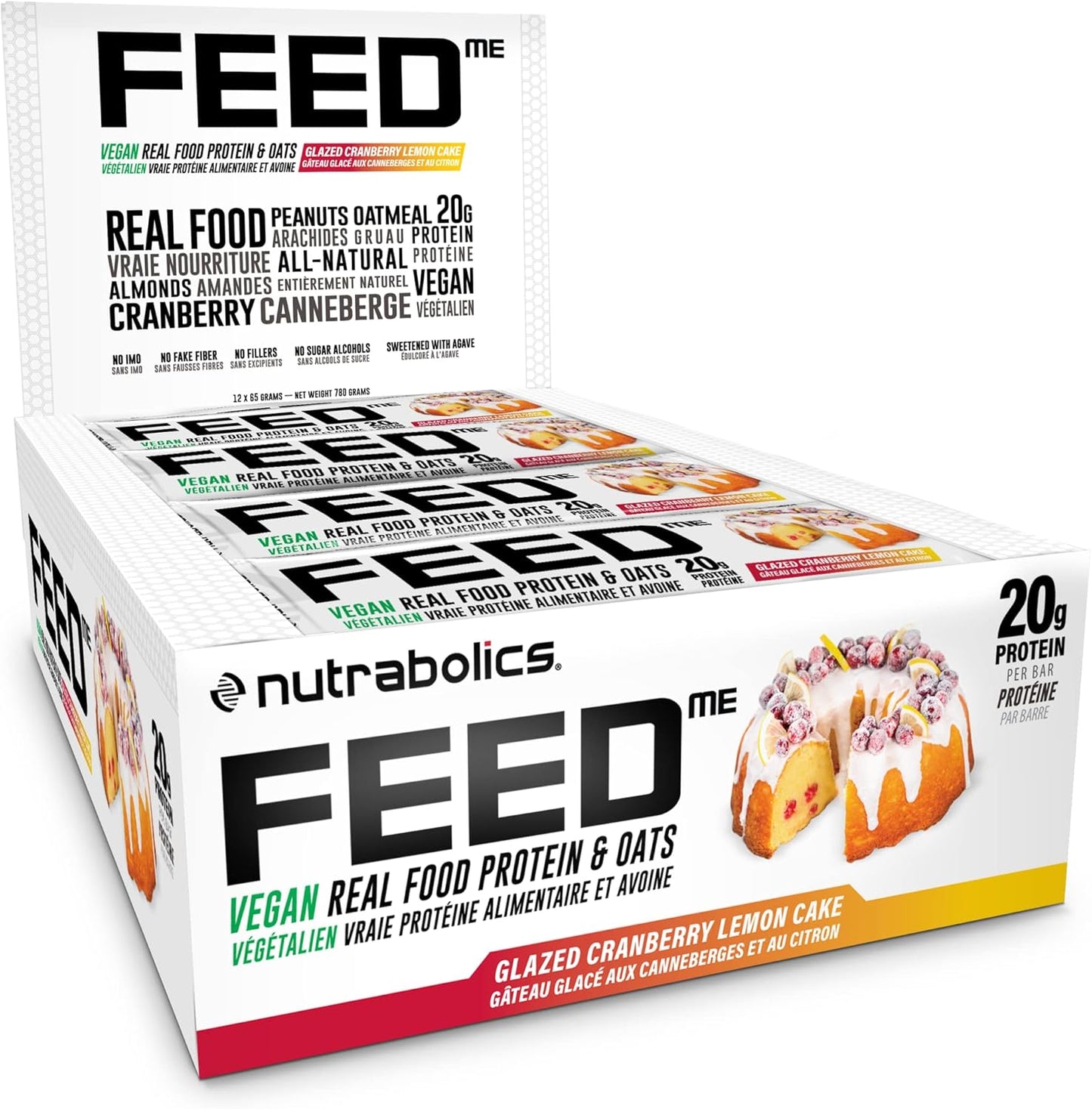 Nutrabolics- Feed me, Vegan Real Food Protein Bar, Glazed Cranberry Lemon Cake Box, 12 x 65 grams