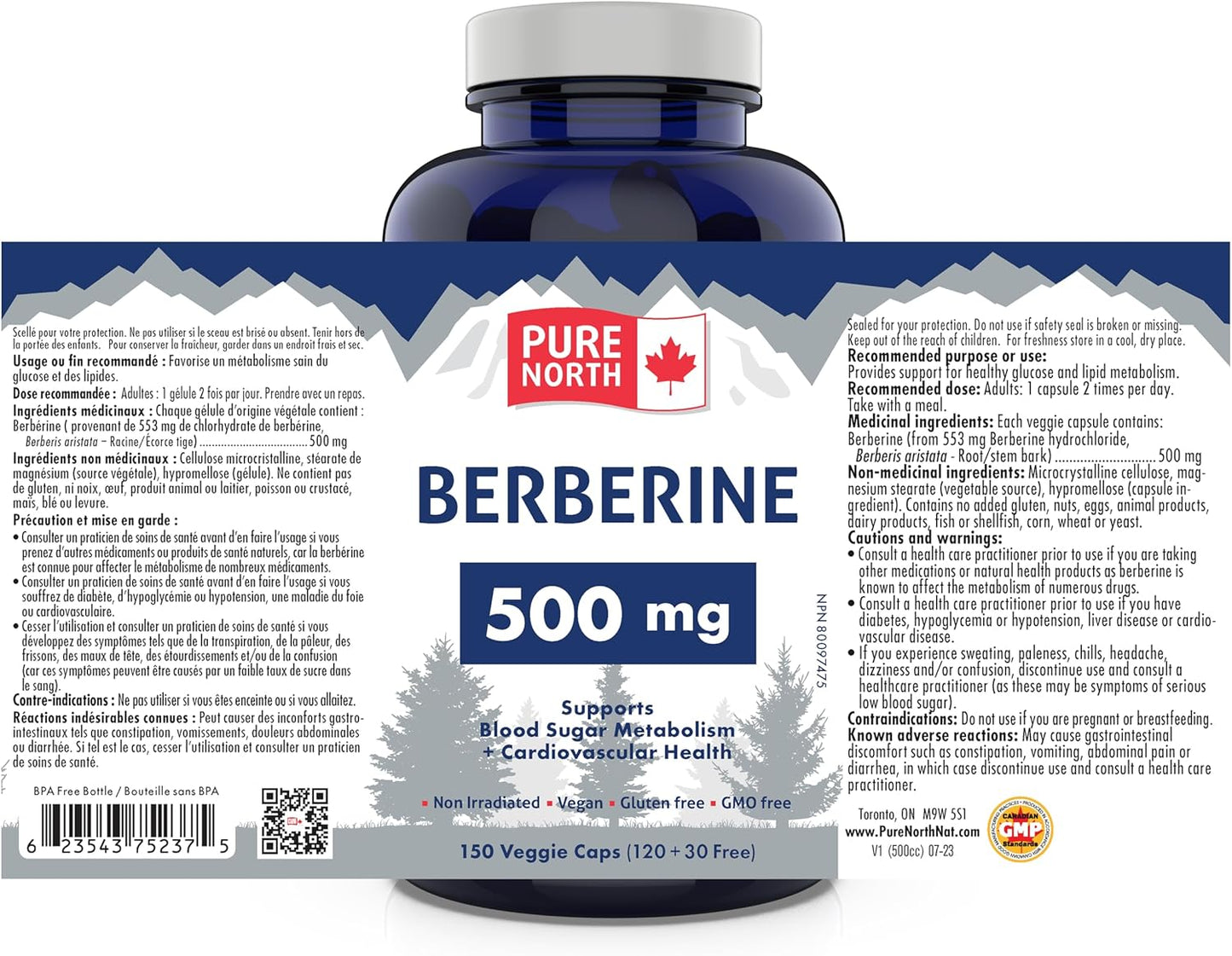 Pure North Naturals - 小蘗鹼 500 毫克,150 粒素食膠囊,75 天用量 - 支持血糖代謝 + 心血管健康和腸道健康 - 經第三方測試 - 加拿大配製和製造