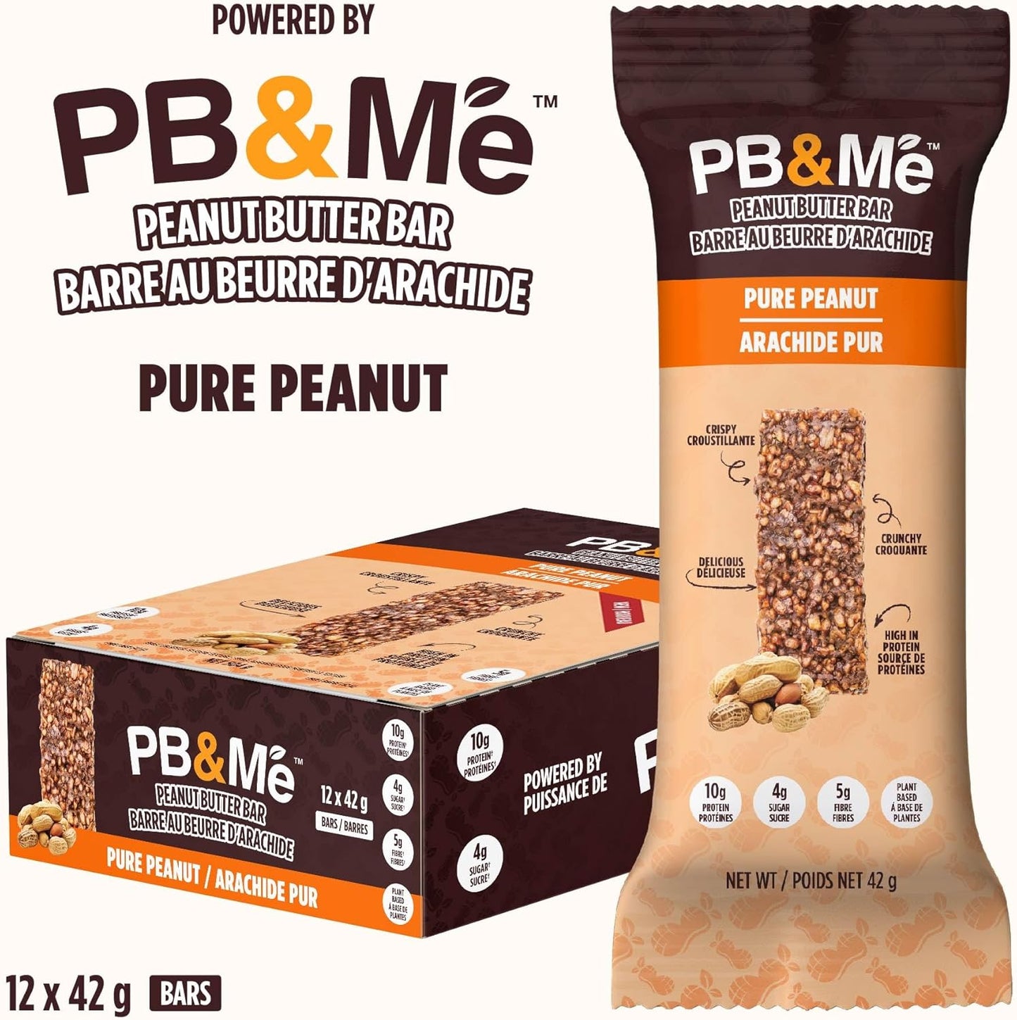 PB&Me Peanut Butter Protein Bars – Pure Peanut, 10g Protein, Low Sugar, High Fiber, No Artificial Sweeteners or Preservatives, Meal Replacement, 5-Pack, Snack Bars for Work, Gym & Travel