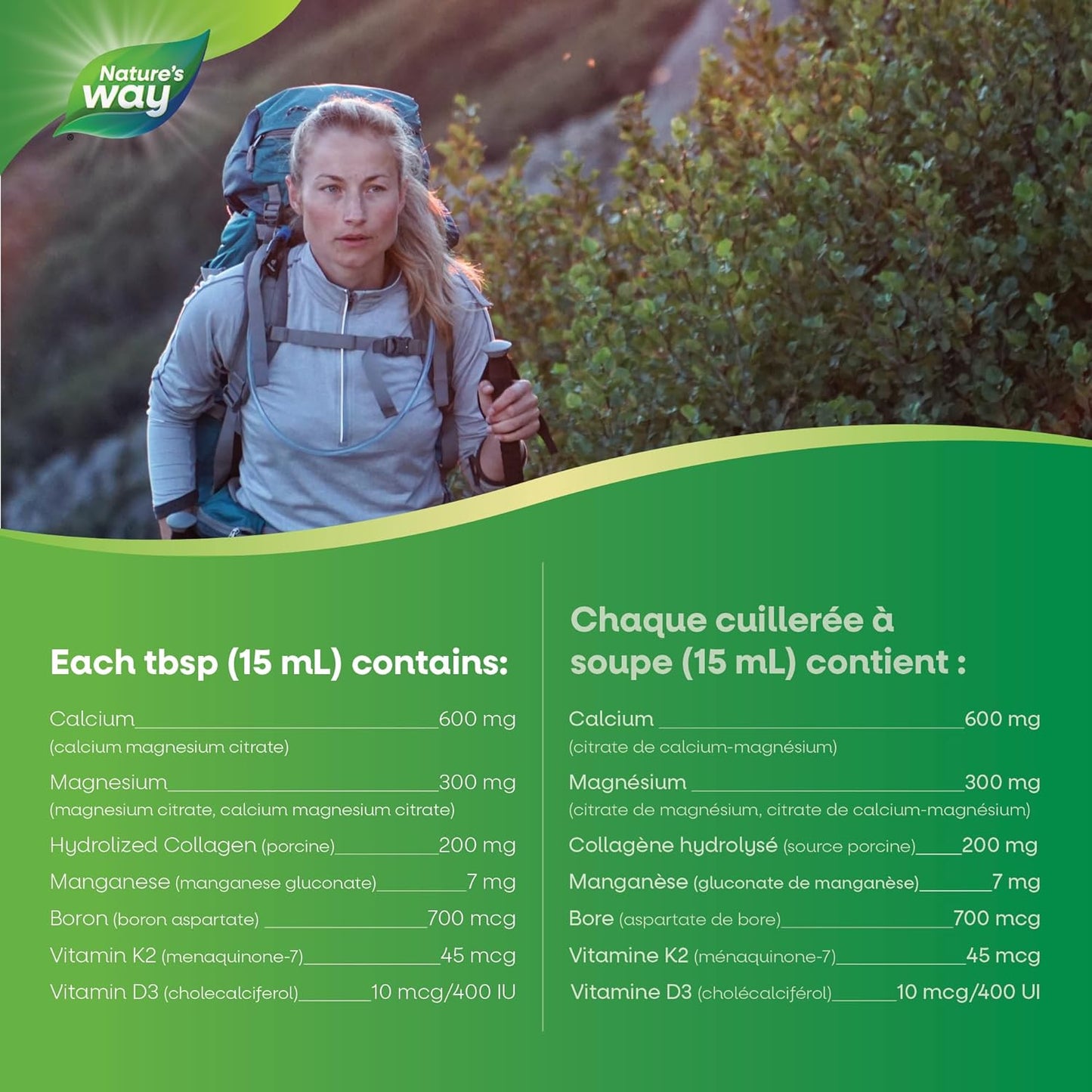 Nature's Way 檸檬酸鈣鎂 2:1 液體補充劑,含維生素 K2 和膠原蛋白,有助於維持骨骼和牙齒健康,草莓味,500 毫升,包裝可能有所不同