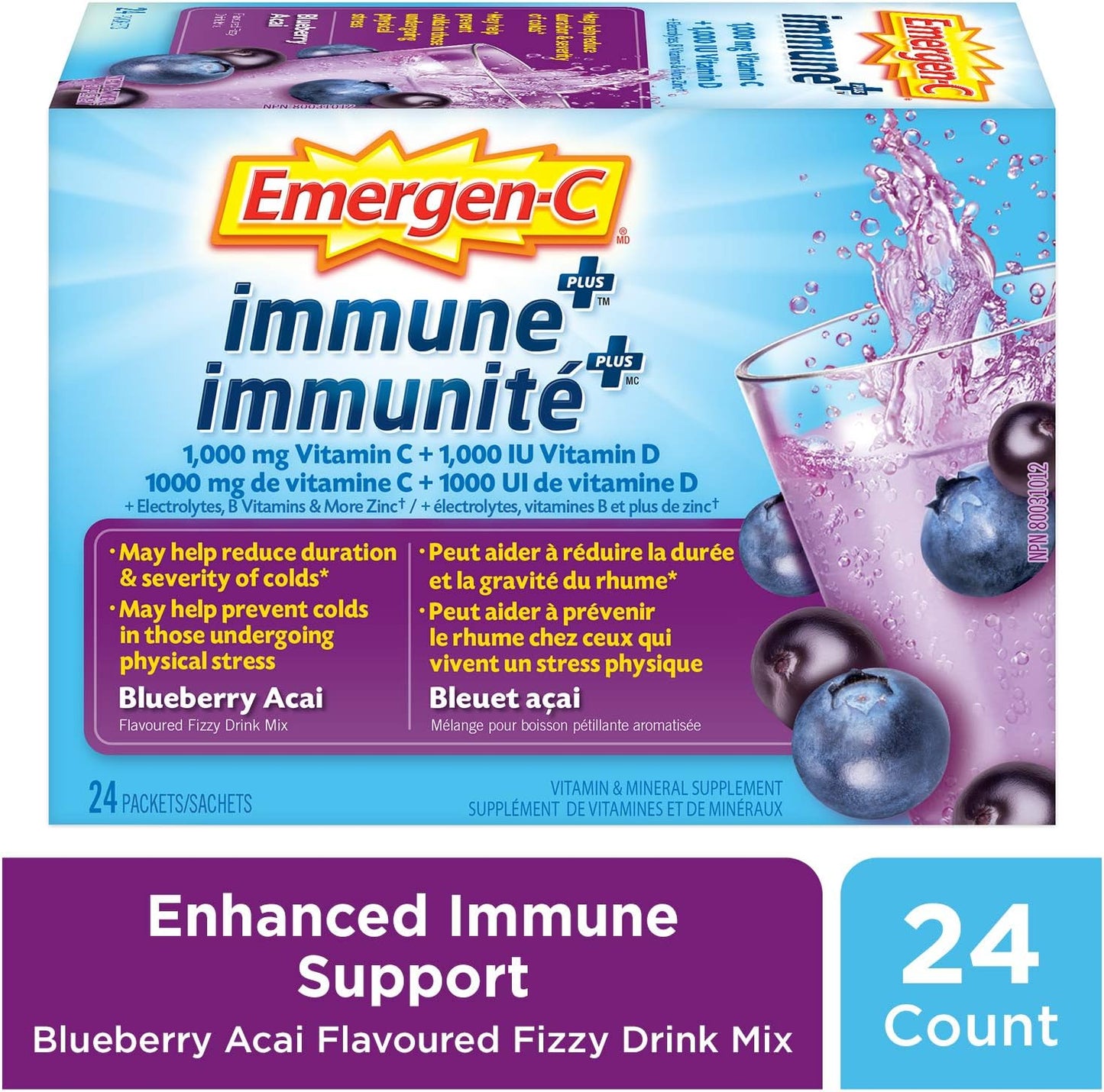Emergen-C Immune+ 1000毫克維生素C粉劑補充劑,飲料混合物,免疫系統增強劑,藍莓巴西莓口味,24包