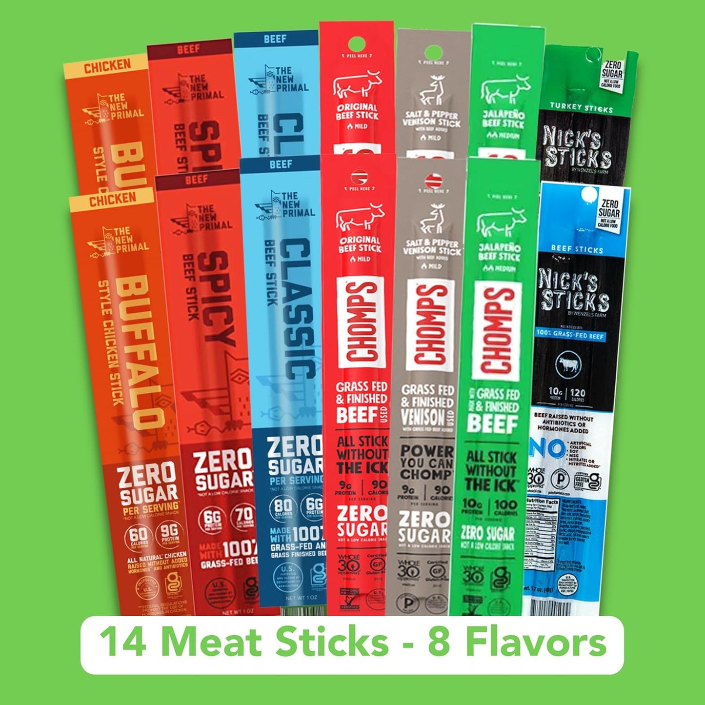 Chomp Beef Sticks, Nicks Jerky Stick, The New Primal Beef Sticks – Paleo, Keto, Gluten Free, Low Carb, High Protein, Pantry Snacks, Sugar Free, Grass-fed - Variety Keto Box (14 sticks)