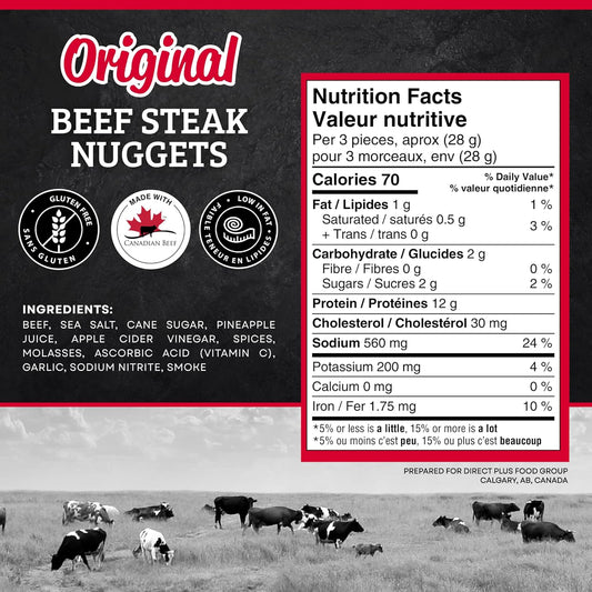 McSweeney's Original Beef Steak Nuggets Box. 100% Made in Canada, High Protein Snacks, Gluten Free, Low Fat, Meat Snacks, Naturally Smoked, Shelf Stable, Bulk Case 85g (Pack of 12)