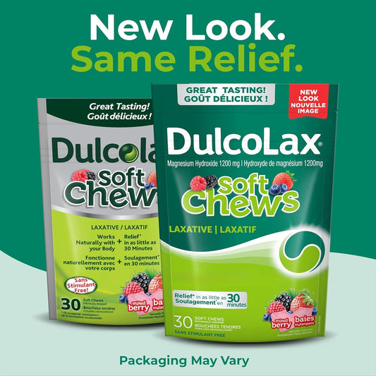 DulcoLax 软咀嚼片,用于缓解偶尔便秘的温和泻药,适用于成人和 12 岁及以上儿童,纯素、无刺激、无麸质泻药,混合浆果味,30 片