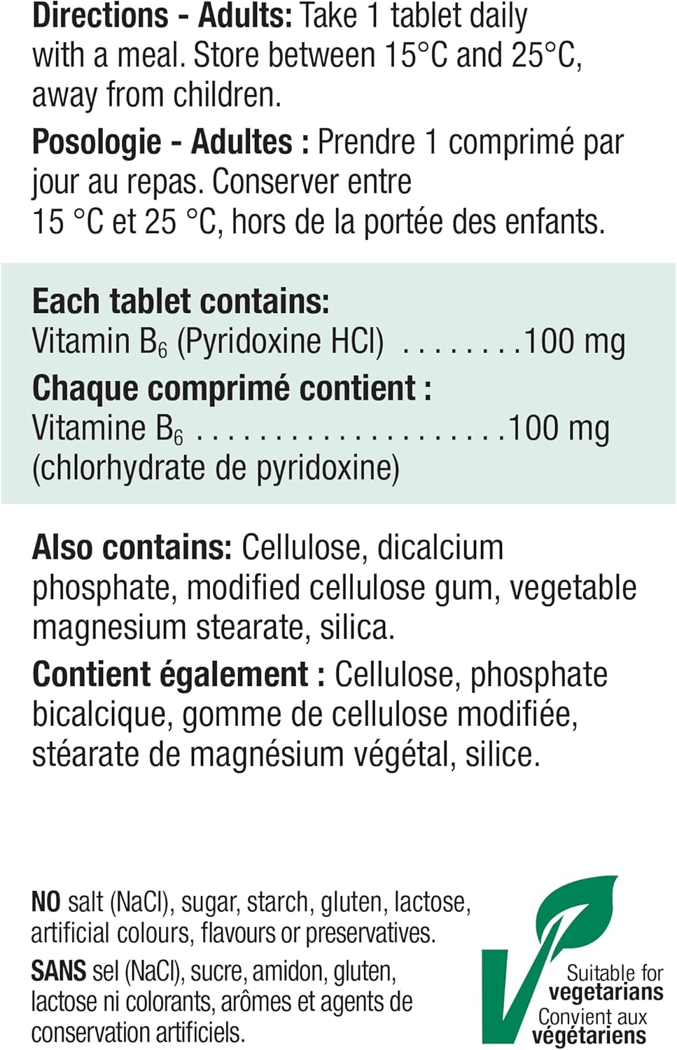 Jamieson 维生素 B6 100 毫克,盐酸吡哆醇,有助于预防维生素 B6 缺乏症,促进能量生成和代谢。素食,非转基因,无麸质,100 片装,加拿大制造