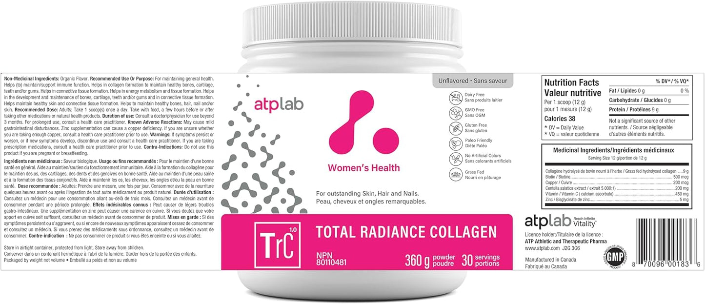ATP LAB - Total Radiance 胶原蛋白 360g 30 份(原味) - 女士胶原蛋白粉 - 适用于皮肤、头发和指甲 - 女士胶原蛋白补充剂