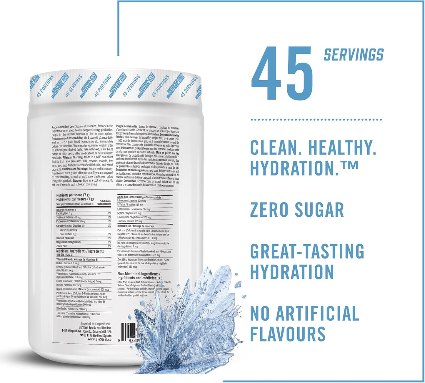 BioSteel 补水混合物,美味补水,零糖,不含人工香料或防腐剂,白色冷冻口味,每桶 45 份