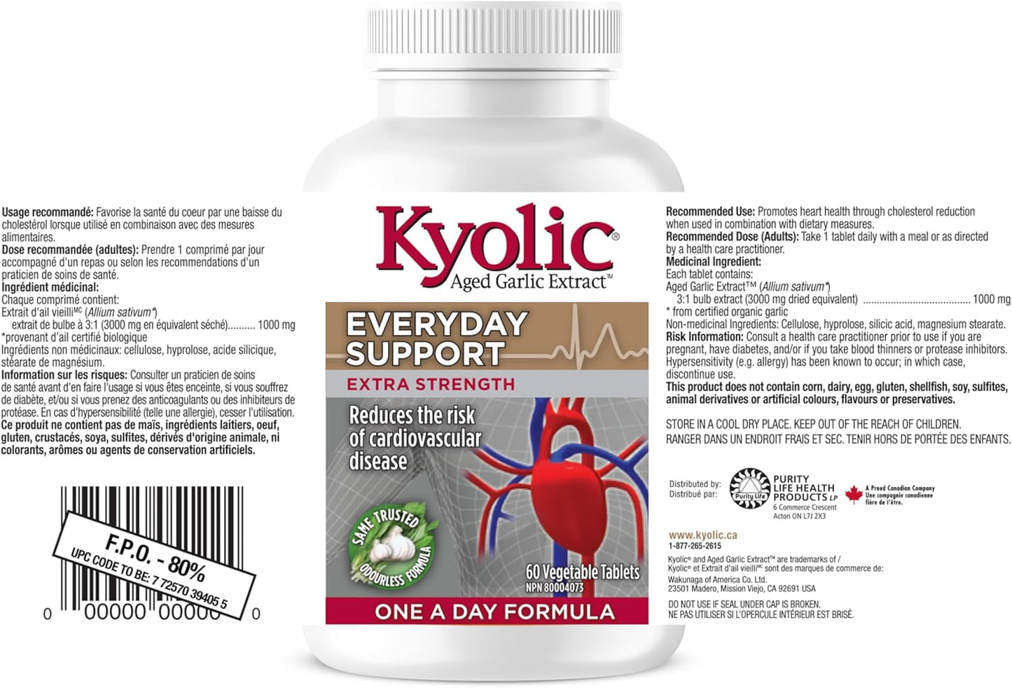 Kyolic - Odourless Aged Garlic Extract Everyday Support Extra Strength One-A-Day 1000mg, 60 Veg Tablets 60-Day Supply - Kyolic Garlic Supplements, Garlic Pills - Herbal Supplement for Wellness Support