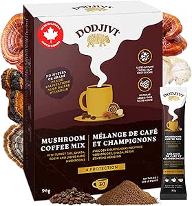 Dodjivi Made in Canada Organic Mushroom Coffee Instant Packets, Arabica Coffee with Lion's mane, Chaga, Turkey Tail, Reishi Mushroom Powder for Better Focus, Immune Support, Keto Friendly (30 Sticks, each 3.2gm)