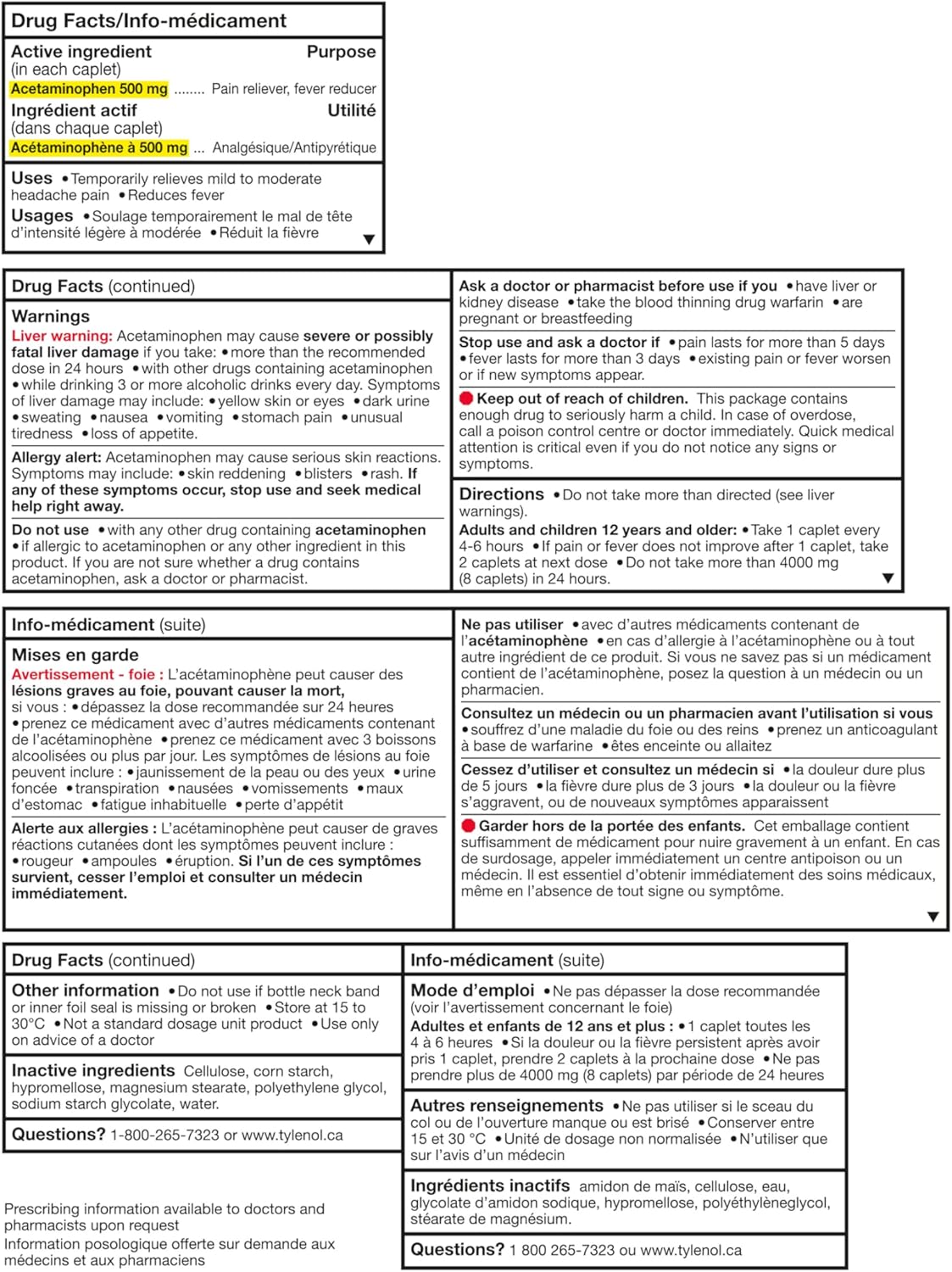 泰諾強效緩解疼痛、緩解頭痛和退燒,500 毫克對乙醯氨基酚,150 粒膠囊