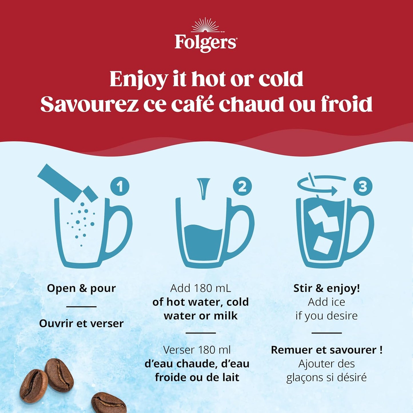 Folgers 速溶咖啡包,适用于热饮或冷饮混合饮料,速溶经典中度烘焙咖啡,7 包(12 包)