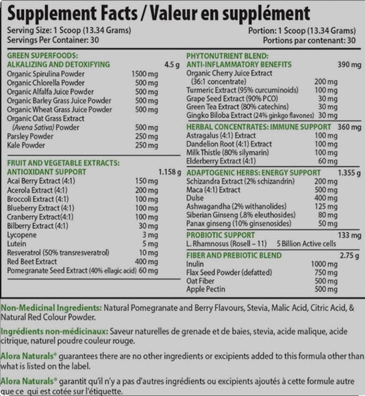 Alora Naturals - True Greens 超级食品粉,含石榴浆果风味,400 克 - 绿色混合超级食品补充剂,可增强能量、排毒和清洁身体 - 有助于提高运动表现