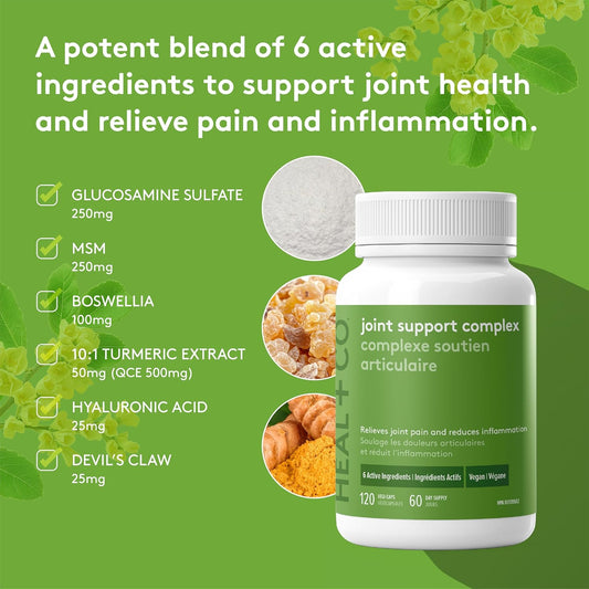 HEAL + CO. 关节支持复合物,含 6 种天然活性成分 - 缓解关节疼痛、减少炎症、支持活动能力,120 粒素食胶囊
