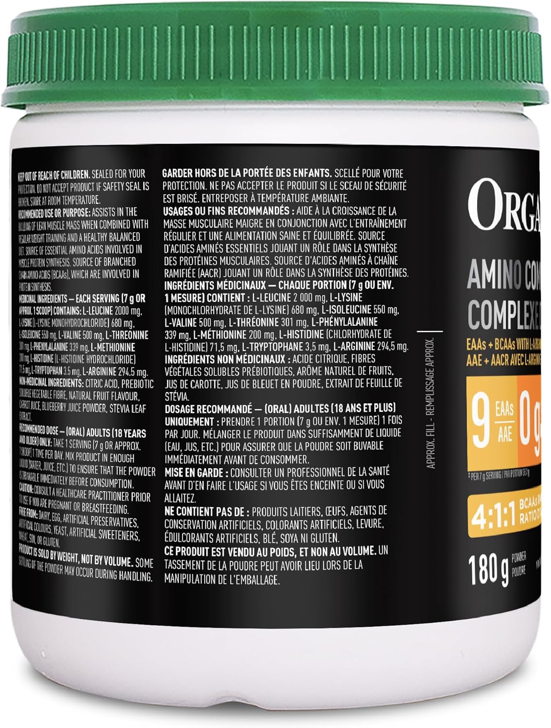Organika 加拿大製造氨基酸複合粉 - 7 克 BCAA + 9 種 EAA 和 L-精氨酸,可增強肌肉蛋白質合成、肌肉修復和改善運動恢復,無糖漿果柑橘味 180 克