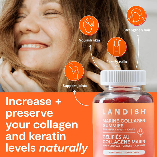 Landish Marine Collagen Gummies – Wild Canadian Marine Collagen, Vitamin C, Magnesium, Zinc & Biotin – Skin, Hair, Nails & Joint Support – No Artificial Colours or Flavours – Made in Canada – 60 Gummies