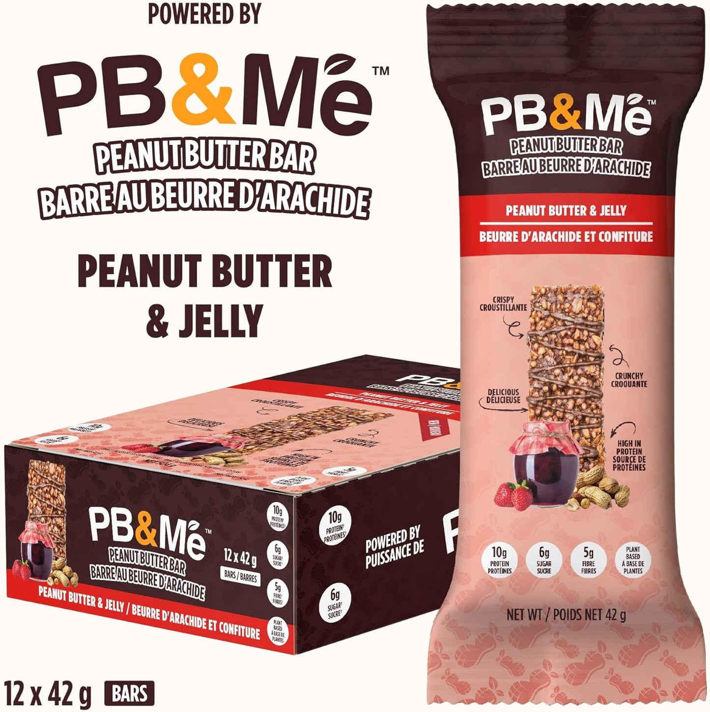 PB&Me Peanut Butter Protein Bars –Peanut Butter & Jelly, 10g Protein, Low Sugar, High Fiber, No Artificial Sweeteners or Preservatives, Meal Replacement, 5-Pack, Snack Bars for Work, Gym & Travel