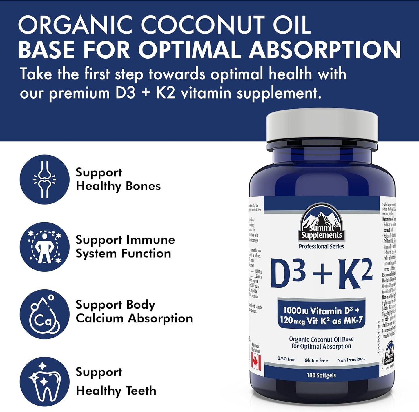 加拿大製造,無塑膠污染 - 維生素 D3 K2,180 粒軟膠囊,180 天用量 - D3(1000IU-25mcg)+K2(120mcg) - 免疫功能、骨骼和牙齒健康 - 經第三方測試 - 加拿大配製和製造